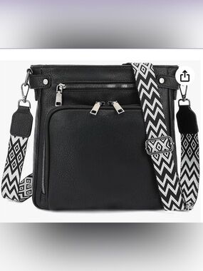 Tantomi Black Crossbody Bag with Patterned Strap.  11x11” NWT